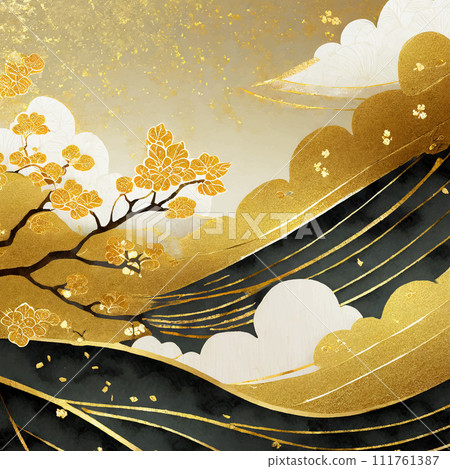 手繪金箔日式圖案背景、雲彩、梅花、向量紋理素材 111761387