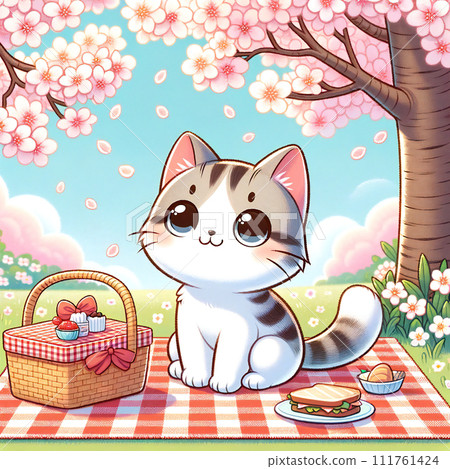 An illustration of a cute cat character in bright colors. A cat is under a cherry tree in full bloom. An illustration of a cute cat character in bright colors. A cat is under a cherry tree in full bloom. 111761424