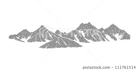 Stippled grunge mountain range illustration. Dotted landscape terrain silhouette. Black and white grainy hill chain. Grain noise mount peaks background. Ridge texture wallpaper. Dot work style vector Stippled grunge mountain range illustration. Dotted landscape terrain silhouette. Black and white grainy hill chain. Grain noise mount peaks background. Ridge texture wallpaper. Dot work style vector 111761514