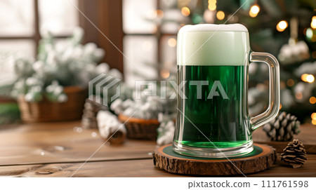 AI-generated content. Glass Of Festive Green Beer with Frothy Foam on Wooden Table For St. Paddy Day, Christmas Tree on Background. St. Patrick Day Drink, Holiday Irish Beer Mockup. Space For Text 111761598