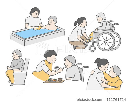 Nursing facility nursing care site illustration set (bathing, meals, excretion) Nursing facility nursing care site illustration set (bathing, meals, excretion) 111761714