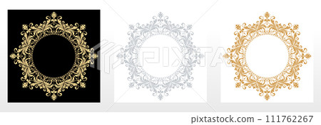 Set of decorative frames Elegant vector element for design in Eastern style, place for text. Floral black, gold and gray borders. Lace illustration for invitations and greeting cards Set of decorative frames Elegant vector element for design in Eastern style, place for text. Floral black, gold and gray borders. Lace illustration for invitations and greeting cards 111762267