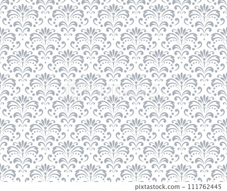 Wallpaper in the style of Baroque. Seamless vector background. White and gray floral ornament. Graphic pattern for fabric, wallpaper, packaging. Ornate Damask flower ornament. Wallpaper in the style of Baroque. Seamless vector background. White and gray floral ornament. Graphic pattern for fabric, wallpaper, packaging. Ornate Damask flower ornament. 111762445
