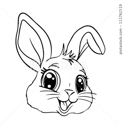 Head of a cute little baby bunny, outline drawing, Easter coloring book for children, cartoon bunny with a smile and big eyes. Vector illustration isolated on white. 111762519