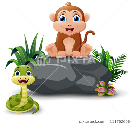 Cute monkey cartoon sitting on the stone 111762606