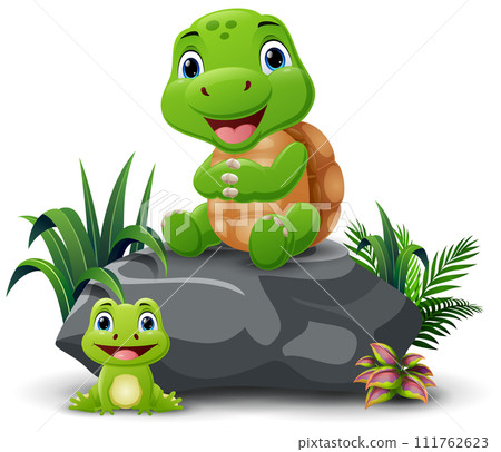 Cute turtle cartoon sitting on the stone Cute turtle cartoon sitting on the stone 111762623