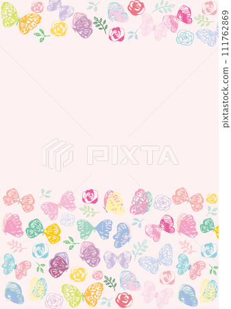 Butterflies and roses colorful silhouette frame top and bottom vertical 111762869