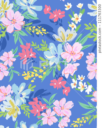 Hand-drawn seamless pattern of pink and blue flowering plants 111763300