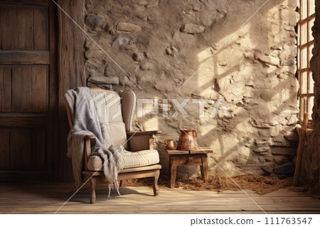 sofa in Wooden room of house or ranch with sun. Generative AI. sofa in Wooden room of house or ranch with sun. Generative AI. 111763547