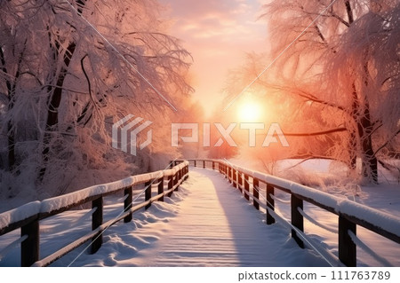 Snowy, wooden bridge in a winter day. Generative Ai Snowy, wooden bridge in a winter day. Generative Ai 111763789