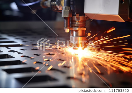 Metal being cut by a blue laser CNC with a light spark. Generative AI Metal being cut by a blue laser CNC with a light spark. Generative AI 111763860