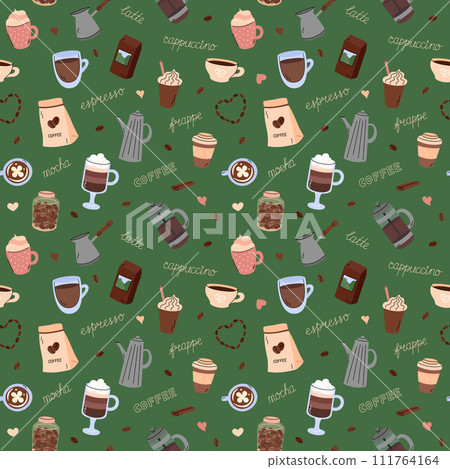 Coffee seamless pattern vector. Cute green background with coffee doodles elements in simple hand drawn illustrated style. Different beverages, preparing tools. Cappuccino, espresso, frappe and mocha 111764164