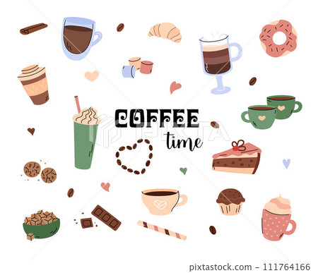 Coffee time doodles vector set. Cute beverages and sweet food elements. Simple hand drawn illustrations. Different coffee drinks cappuccino, espresso, frappe and mocha. Cake, croissant, donut Coffee time doodles vector set. Cute beverages and sweet food elements. Simple hand drawn illustrations. Different coffee drinks cappuccino, espresso, frappe and mocha. Cake, croissant, donut 111764166