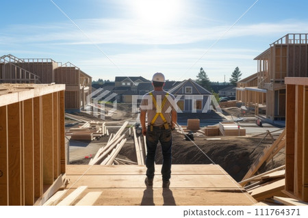 A civil engineer with safety equipment stands looking at the construction site. Generative AI. 111764371