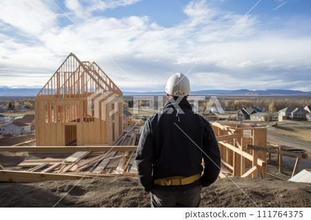 A civil engineer with safety equipment stands looking at the construction site. Generative AI. 111764375