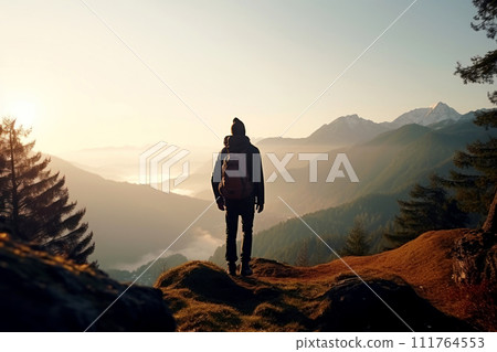 person hiking in the mountains in the morning. Generative AI 111764553