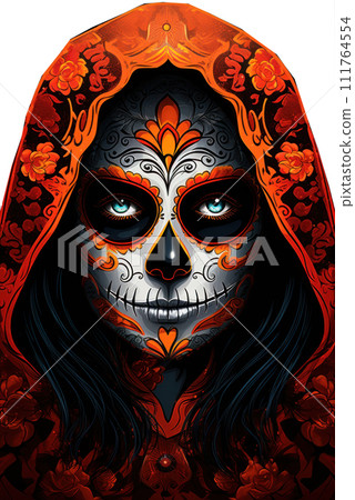 Dia de los muertos, Mexican holiday of the dead .Woman with sugar skull make up and flowers. Generative AI 111764554