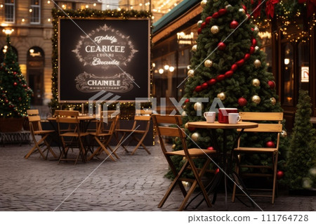 Empty billboard on the building. Blank mock-up of an outdoor. crowd moving blur. Generative AI 111764728