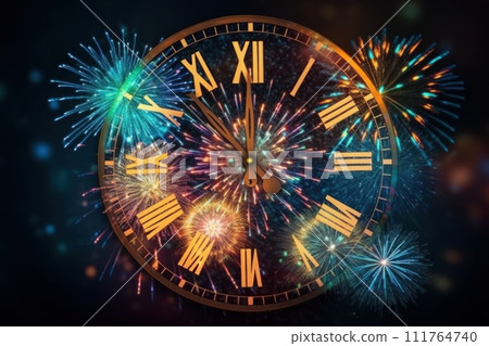 new year celebration countdown to midnight clock and fireworks. AI generative new year celebration countdown to midnight clock and fireworks. AI generative 111764740