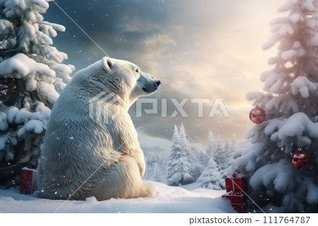 White polar bear in Santa clause hat in... - Stock Illustration ...