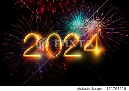 Brightly colored number 2024, happy new year on firework background. AI generative Brightly colored number 2024, happy new year on firework background. AI generative 111765326