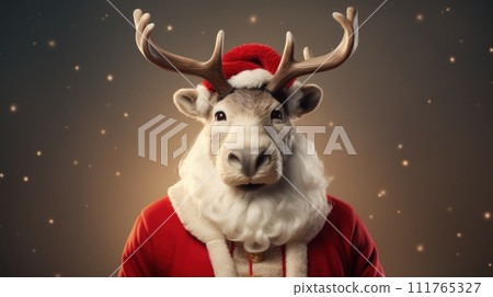 rain deer in Santa clause hat costume in snowy landscape background. Seasonal and New year concept. Digital art illustration. Generative AI rain deer in Santa clause hat costume in snowy landscape background. Seasonal and New year concept. Digital art illustration. Generative AI 111765327