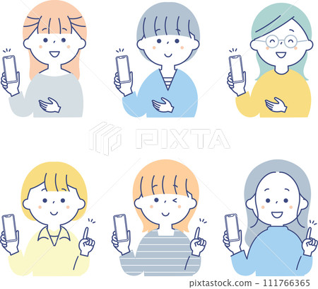 一組擁有智慧型手機的各種女性 一組擁有智慧型手機的各種女性 111766365
