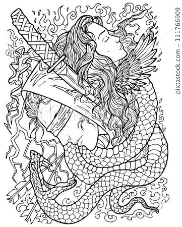 Fantasy engraved hand drawn illustration with beautiful woman, blind warrior, sword and snake. Black and white vector graphic art  111766909