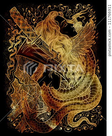 Fantasy engraved hand drawn illustration with beautiful woman, blind warrior, sword and snake on black textured background. Vertical graphic art  111766911