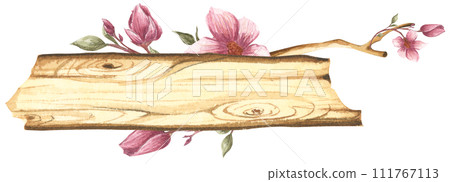 Wooden slice with floral decoration. Watercolor illustration. 111767113
