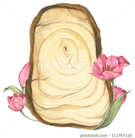 Wooden slice with floral decoration. Watercolor illustration. 111767126