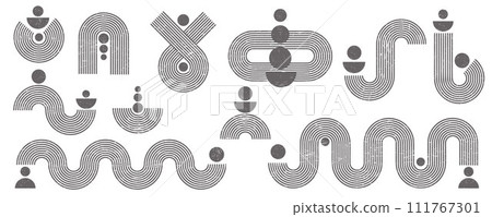 Geometric lines zen patterns. Abstract black arches and shapes. Balance figures with linear outline strokes design. Nordic boho minimal organic drawings and aesthetic retro prints. Geometric lines zen patterns. Abstract black arches and shapes. Balance figures with linear outline strokes design. Nordic boho minimal organic drawings and aesthetic retro prints. 111767301