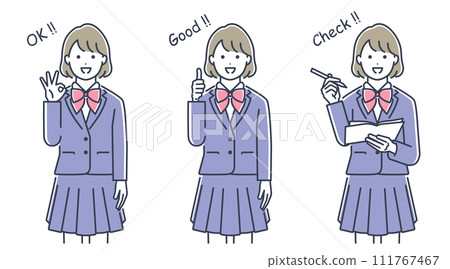 Reactions of female students wearing uniforms. Vector illustration material set 111767467