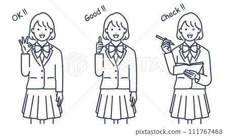 Reactions of female students wearing uniforms. Vector illustration material set 111767468