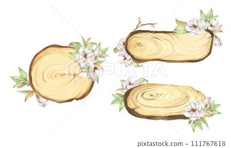 Wooden slice with floral decoration. Watercolor illustration. Wooden slice with floral decoration. Watercolor illustration. 111767618