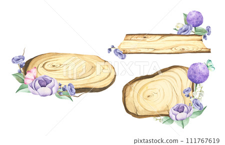 Wooden slice with floral decoration. Watercolor illustration. 111767619