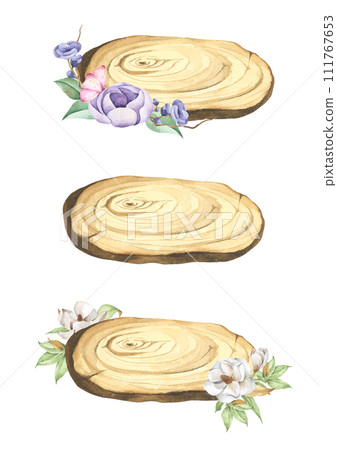 Wooden slice with floral decoration. Watercolor illustration. Wooden slice with floral decoration. Watercolor illustration. 111767653
