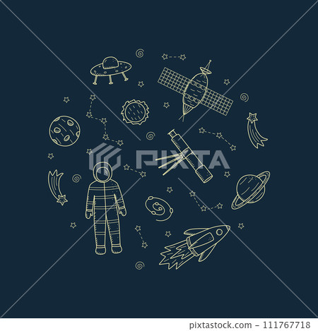Cosmos doodle is a set of vector illustrations in the circle. Icons of space elements rocket cosmonaut stars satellite telescope comet. 111767718