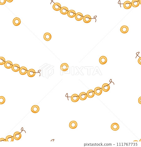 Seamless pattern Bagels with poppies. Vector doodle illustration of dry bublik, traditional Russian cookies. 111767735