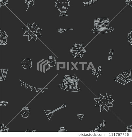 Seamless pattern vector illustration of icons of the traditional Russian holiday Maslenitsa. Endless background of pancake day elements. 111767736