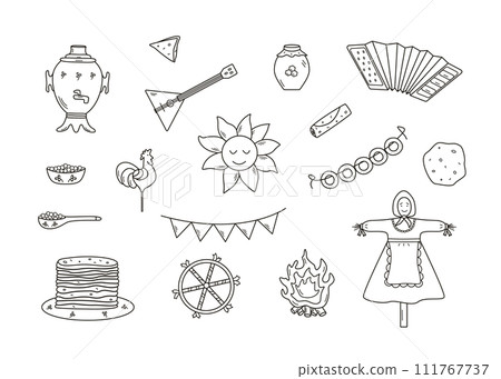 A set of doodle elements of pancake day. Vector illustration of icons of the traditional Russian holiday Maslenitsa. Sun, scarecrow, accordion balalaika, samovar, 111767737