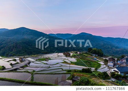 大中尾梯田，黎明時分充滿水的早晨景色[長崎市] 111767866
