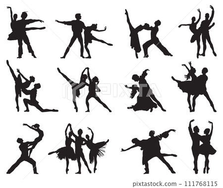 Black silhouettes of ballet couples on white background 111768115