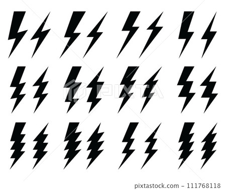 Black icons of thunder lighting on a white background 111768118