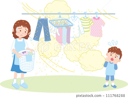Cedar pollen_Parent and child troubled by dust while drying laundry Cedar pollen_Parent and child troubled by dust while drying laundry 111768288