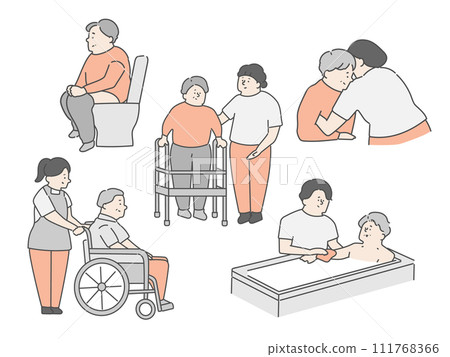 Nursing facility nursing care site illustration set (bathing, transfer, excretion) Nursing facility nursing care site illustration set (bathing, transfer, excretion) 111768366