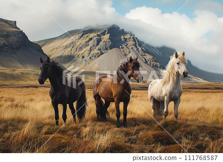 AI-generated content. Three horses of local breed are standing on rocky trail in the mountains AI generated 111768587