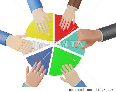 3D illustration of hands sharing a pie chart 3D illustration of hands sharing a pie chart 111768796