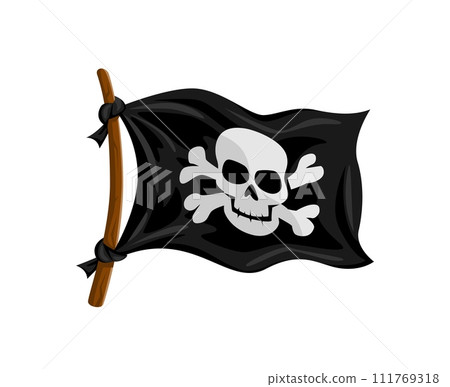 Jolly Roger pirate flag, black banner with skull and crossbones, fluttering in the wind. Isolated cartoon vector corsair pennant with sinister cranium, symbol of high seas adventure, danger and thrill 111769318