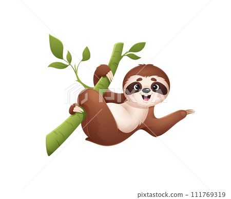 Cartoon cute sloth character hangs from tree branch. Isolated vector cheerful, tropical, jungle animal personage with a big smile, lazy yet lovable and friendly, radiating positivity and saying hello Cartoon cute sloth character hangs from tree branch. Isolated vector cheerful, tropical, jungle animal personage with a big smile, lazy yet lovable and friendly, radiating positivity and saying hello 111769319